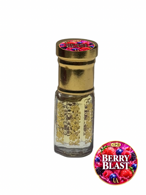 Berry Blast concentrated perfume oil in a gold octagonal roller bottle with a Universal Aromas CPO cap label