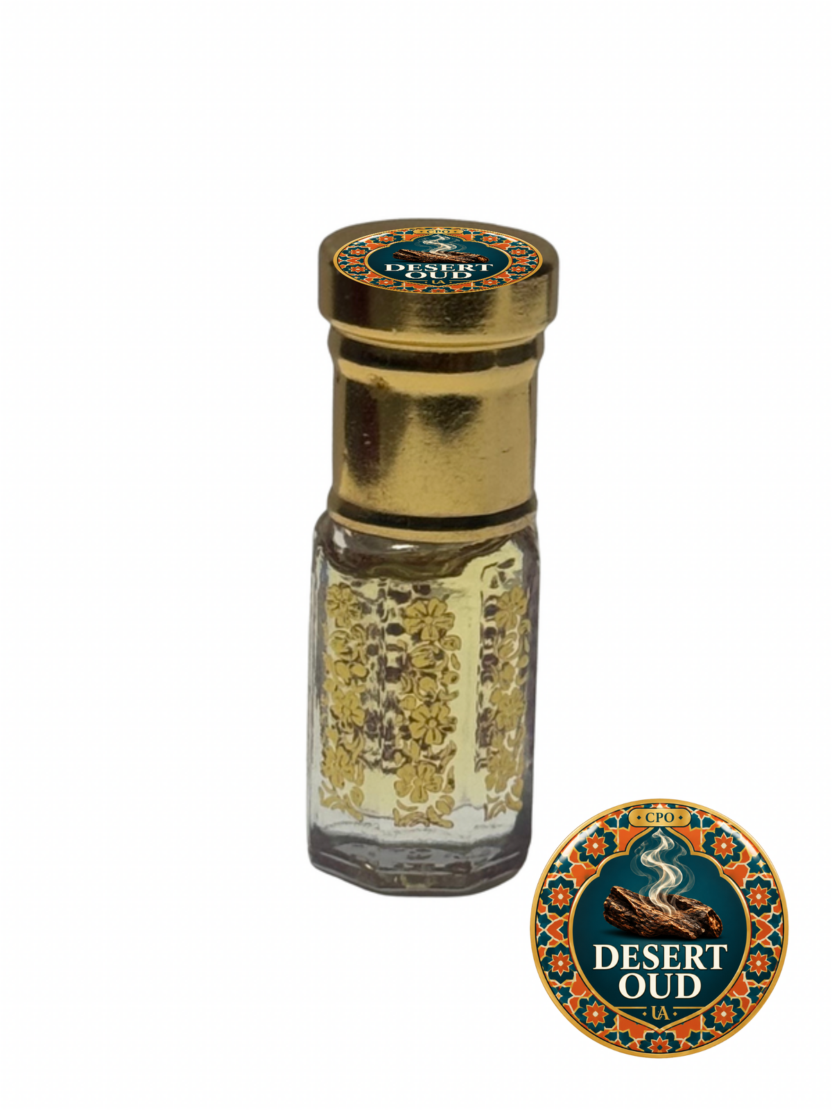 Desert Oud concentrated perfume oil in a gold octagonal roller bottle with a Universal Aromas CPO cap label