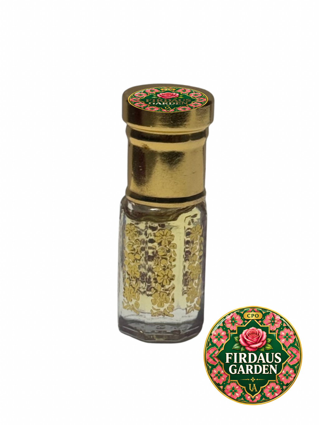 Firdaus Garden concentrated perfume oil in a gold octagonal roller bottle with a Universal Aromas CPO cap label