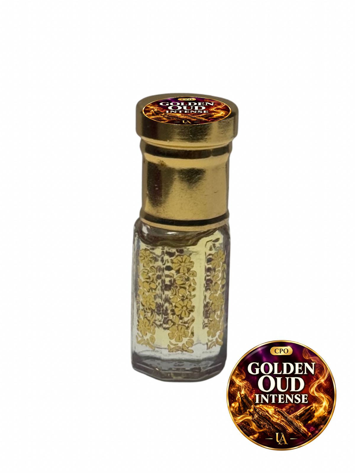 Golden Oud Intense concentrated perfume oil in a gold octagonal roller bottle with a Universal Aromas CPO cap label