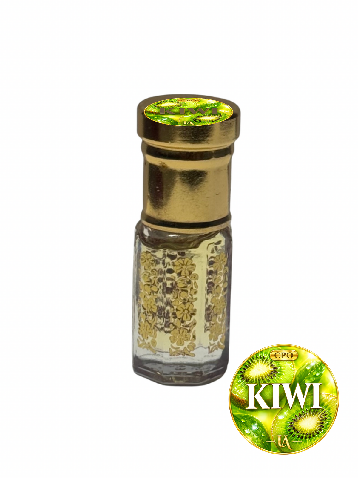 Kiwi concentrated perfume oil in a gold octagonal roller bottle with a Universal Aromas CPO cap label