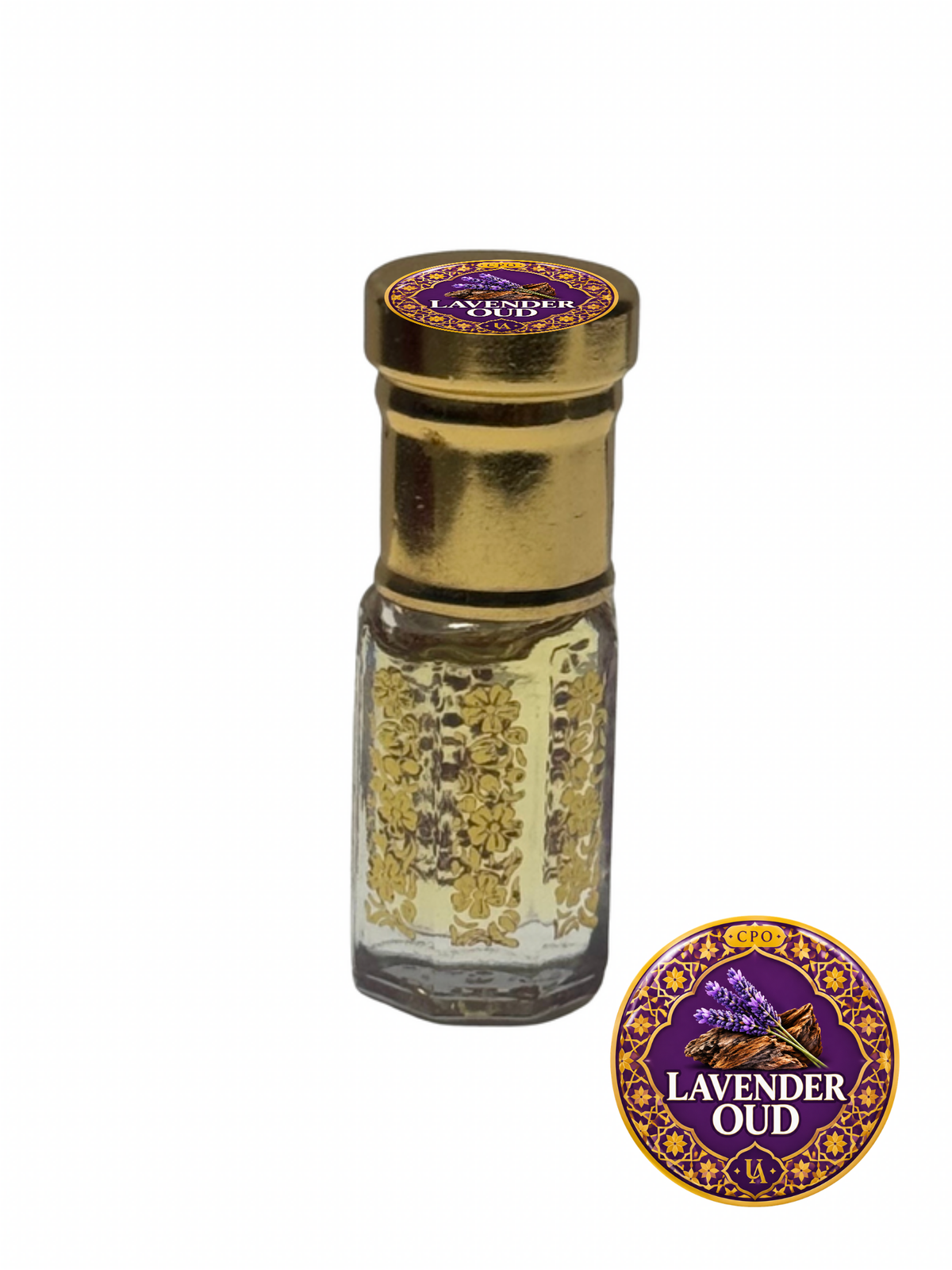 Lavender Oud concentrated perfume oil in a gold octagonal roller bottle with a Universal Aromas CPO cap label