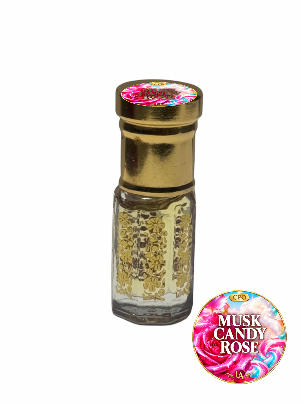 Musk Candy Rose concentrated perfume oil in a gold octagonal roller bottle with a Universal Aromas CPO cap label