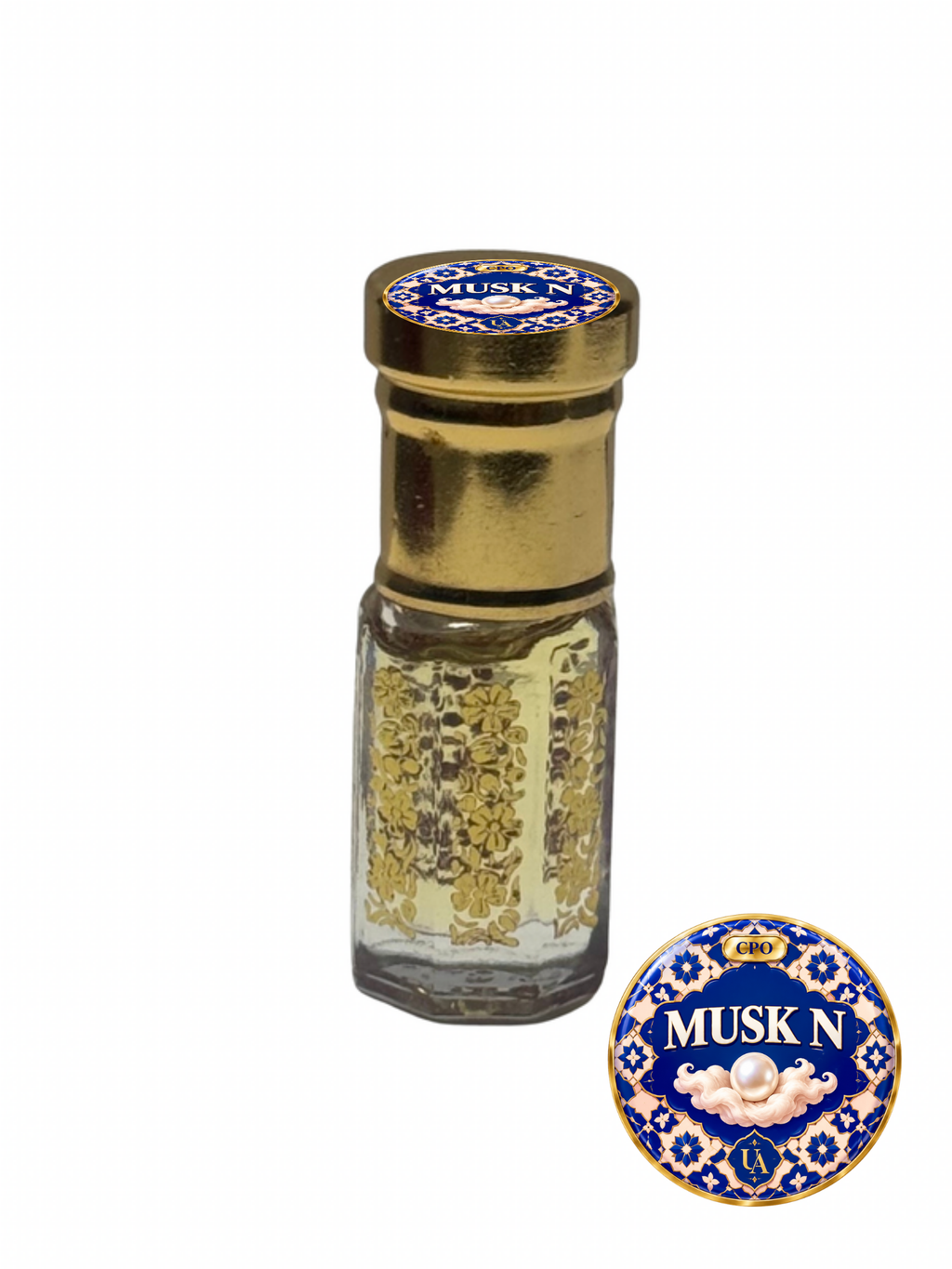 Musk N concentrated perfume oil in a gold octagonal roller bottle with a Universal Aromas CPO cap label