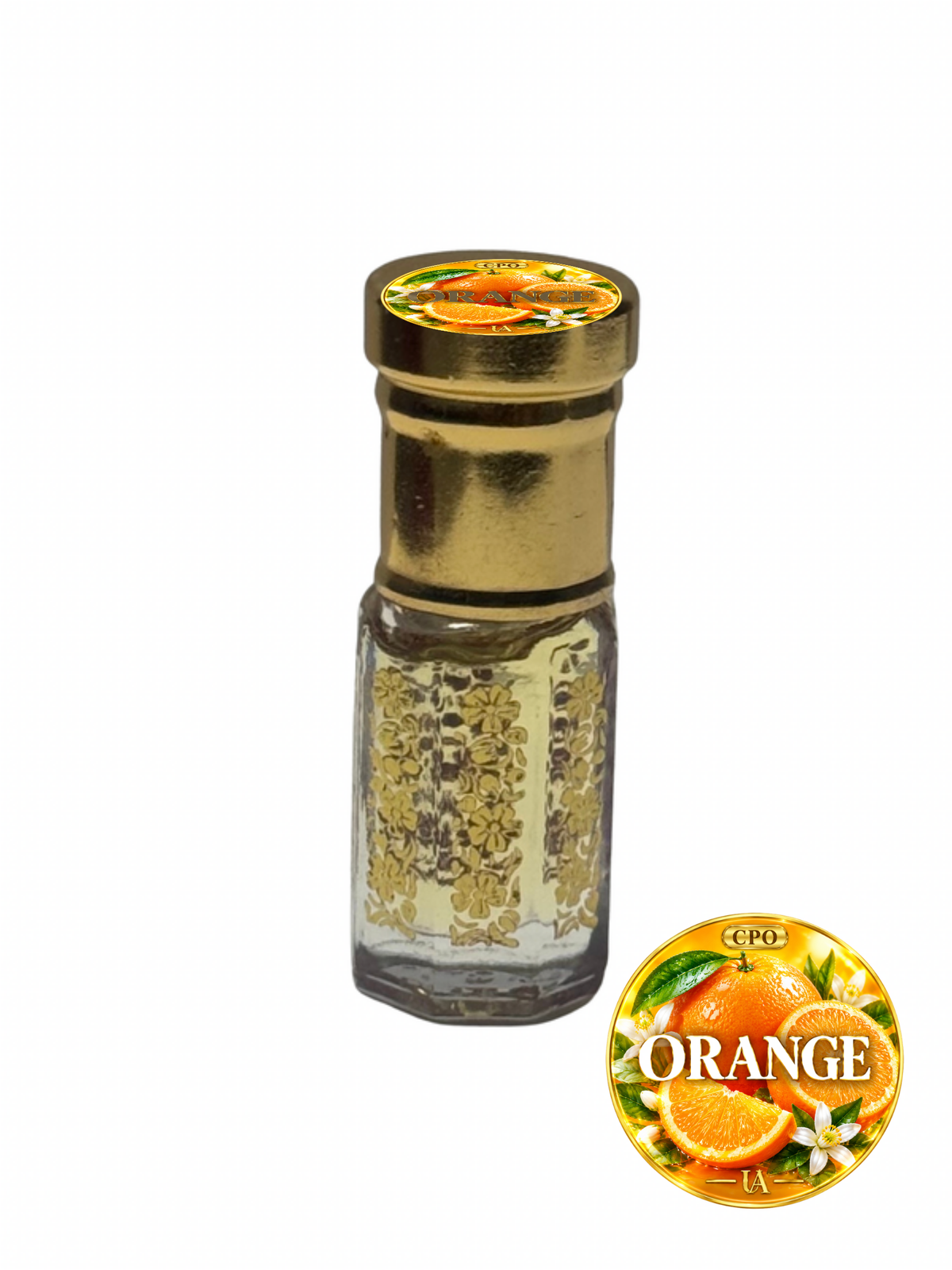 Orange concentrated perfume oil in a gold octagonal roller bottle with a Universal Aromas CPO cap label