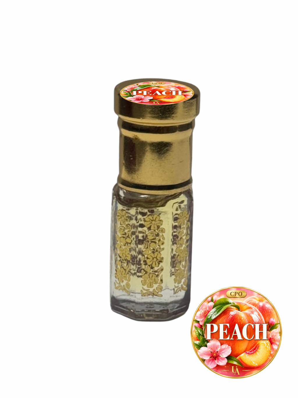 Peach concentrated perfume oil in a gold octagonal roller bottle with a Universal Aromas CPO cap label