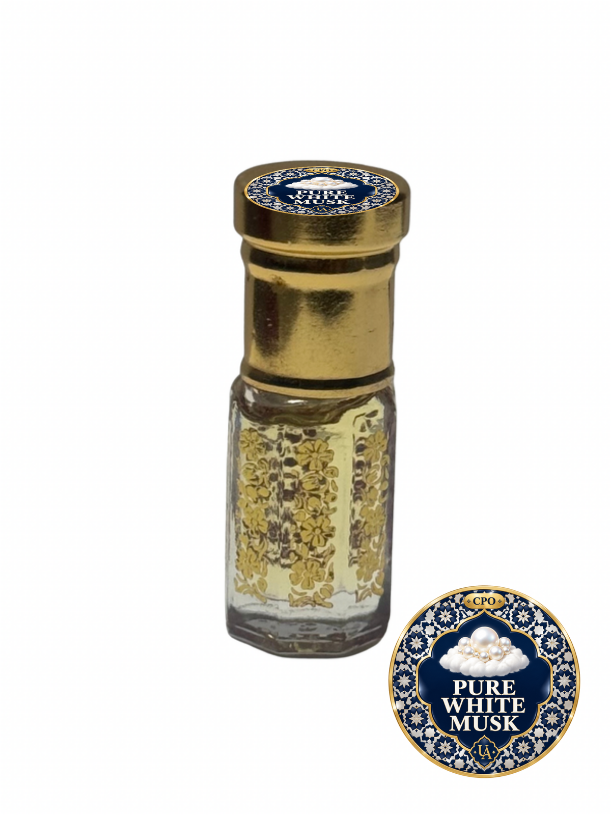 Pure White Musk concentrated perfume oil in a gold octagonal roller bottle with a Universal Aromas CPO cap label