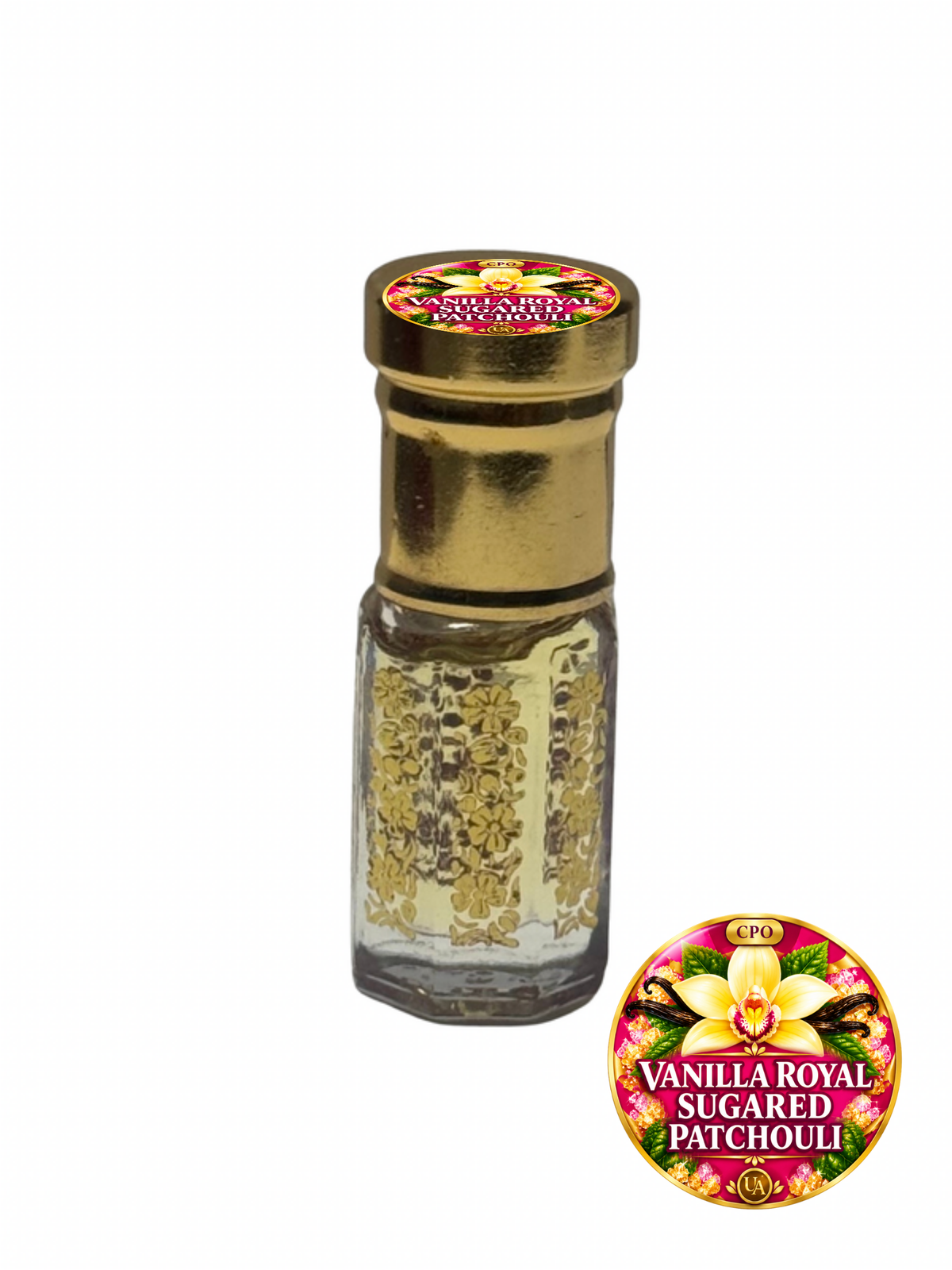 Vanilla Royal Sugared Patchouli concentrated perfume oil in a gold octagonal roller bottle with a Universal Aromas CPO cap label